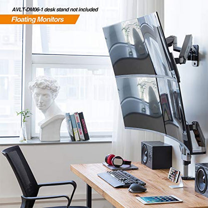 AVLT Dual Monitor Arm Wall Mount for 13-32" Screens, Full Motion - Silver | Supports flat/curved screens up to 17.6 lbs each. Smooth gas spring, VESA 75x75/100x100 and clean cable routing - color: Dual Extended