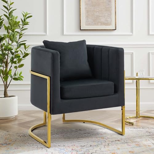 Velvet Accent Chair in Black, Modern Barrel Arm Chair for Living Room/Bedroom/Guest Reception, Upholstered Club Armchair with Pillow & Gold Base - color: Black, size: 1 PC