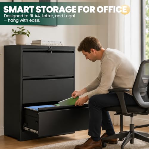 3 Drawer Lateral File Cabinet, Metal Filing Cabinet for Home Office, Black | Heavy-Duty Steel Locking Large File Cabinet, Hanging Letter/Legal/A4 Size, Full-Extension Silent Drawer, Un-Assembly - color: Black, size: 3 Drawers (35.43 in Width)