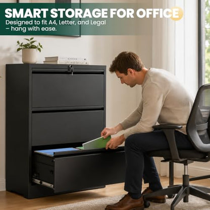 3 Drawer Lateral File Cabinet, Metal Filing Cabinet for Home Office, Black | Heavy-Duty Steel Locking Large File Cabinet, Hanging Letter/Legal/A4 Size, Full-Extension Silent Drawer, Un-Assembly - color: Black, size: 3 Drawers (35.43 in Width)