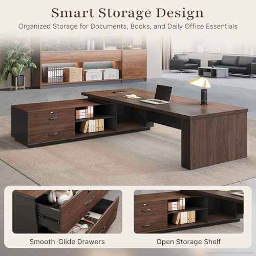 95" Reversible L-Shaped Executive Desk for CEO's Office - color: Red Walnut+graphite Gray, size: 95"L x 71"W