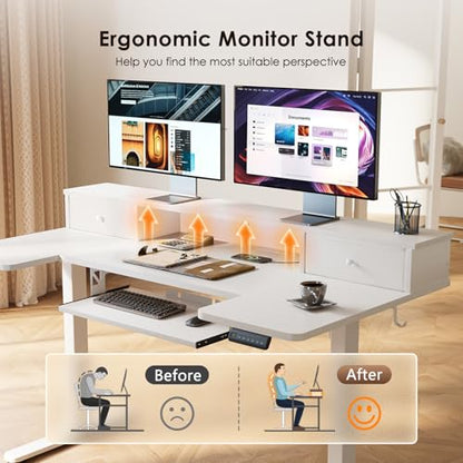 55 Inch U Shape Standing Desk with Keyboard Tray & Drawers, White | Power Outlet, Dual-Monitor Stand, LED Light, 3 Presets, 28.3"-46.5"in Range, 154 lb Capacity - color: White With Drawers, size: 55 Inch