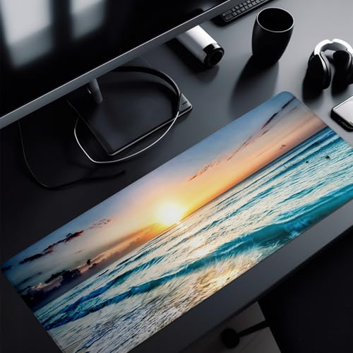 Sunrise Beach Mouse Pad Abstract Sea Mouse Pad 31.5x11.8 Inch Japanese Texture Non-Slip Rubber Base Large Mousepad Stitched Edges Keyboard Mouse Mat Desk Pad for Office and Home - color: Sunrise Beach