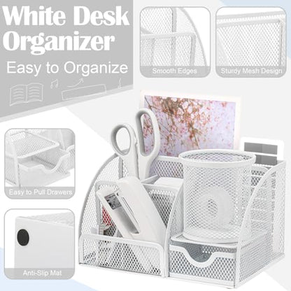 11 in 1 Desk Organizers and Accessories - White Office Supplies - Includes White Stapler, Tape Dispenser, Pen Holder, Staple Remover, Clips, Ruler, Scissors, Tapes, Tabs - color: White