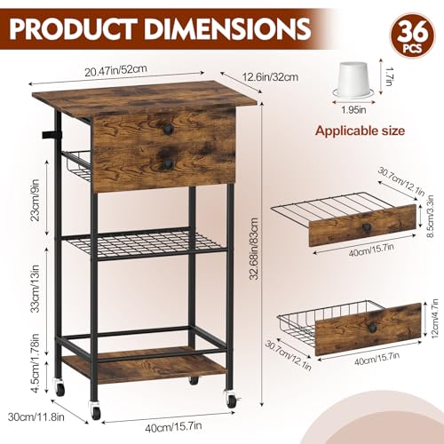 ETELI Coffee Cart Station with Lockable Wheels and Coffee Pod Storage | 5 Tier Coffee Bar Cart with 2 Drawers and Wire Mesh Storage for Kitchen Living Room Office Coffee Nook, Rustic Brown