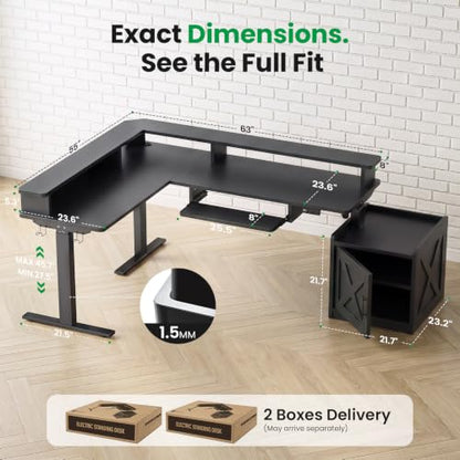 SIAGO 63x55 L-Shaped Standing Desk with Monitor Shelf & Cabinet - color: Black, size: 63 x 55 Inch with Cabinet