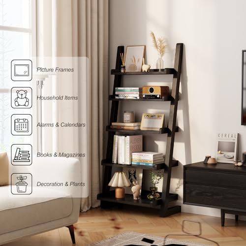 AQIMUELE Black Wooden Ladder Shelf with Edges, 5-Tier Modern Leaning Bookshelf Ladder – Stylish Space-Saving Bookcase for Living Room, Bedroom & Home Office - color: Black, size: 5-Tier