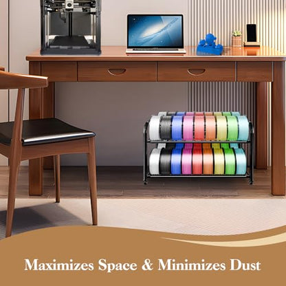 2 Tier Rolling Filament Rack, Holds 40+ 3D Spools, Under Desk Storage | Adjustable for 250g-1KG Spools, 360° Smooth Wheels, Compact 16.5" Wide, Tool-free Assembly. Perfect for 3d Farms Studios - color: Large