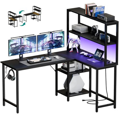 OLIXIS L Shaped Desk, Gaming Desk, LED Lights, 53 Inch | Power Outlets, Reversible Corner Home Office Table, Adjustable Shelf CPU Stand, Black - size: 53.1 IN