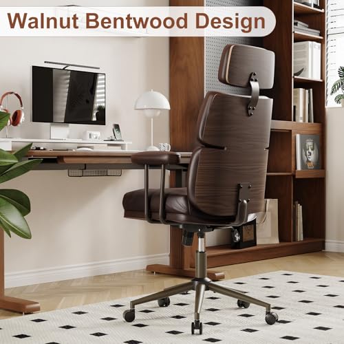 Mid-Century Modern Ergonomic Office Chair, High Back Headrest, Brown | Faux Leather Executive Desk Chair, Walnut Bentwood & Adjustable Headrest, Swivel Computer Chair for Home Office, 300LBS Cap - color: Brown, size: High Back Style