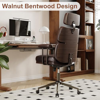 Mid-Century Modern Ergonomic Office Chair, High Back Headrest, Brown | Faux Leather Executive Desk Chair, Walnut Bentwood & Adjustable Headrest, Swivel Computer Chair for Home Office, 300LBS Cap - color: Brown, size: High Back Style
