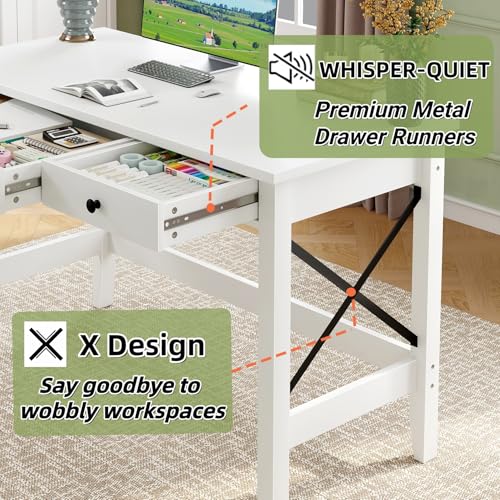 JSB 43.3 Inch White Computer Desk with 2 Drawers for Home Office Bedroom - color: White, size: 43.3 inch