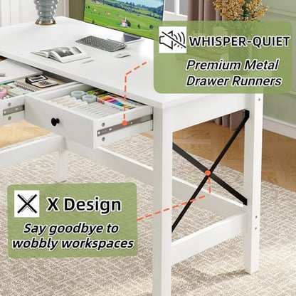 JSB 43.3 Inch White Computer Desk with 2 Drawers for Home Office Bedroom - color: White, size: 43.3 inch