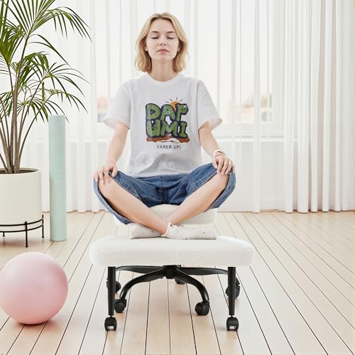 GUNJI Ergonomic Criss Cross Legged Office Chair, 360° Swivel Meditation Kneeling Chair with Wheels, ADHD Chair with Footrest, Lumbar Support, Wider Height Adjustable Seat (White, Faux Leather) - color: White