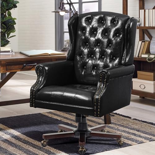 Upgraded 2026 Executive Desk Chair, Ergonomic Recliner Chair,Black | Faux Leather Wingback Home Office Chair with Nail Head Trim & Tufted Back, Big and Tall Office Chair for Home and Living Room - color: Black, style: Modern