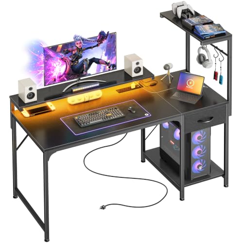 PRAISUN 47.2 Inch Gaming Desk with LED Lights & Power Outlets - color: Black, size: 47.2 Inch