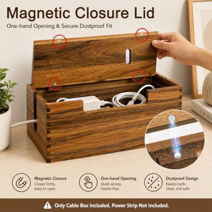 Acacia Wood Cable Management Box, Wooden Cord Hider Organizer for Power Strip, Electrical Hiding, TV Wires, Desk & Floor Cables, Under Desk Cable Organizer for Home Office