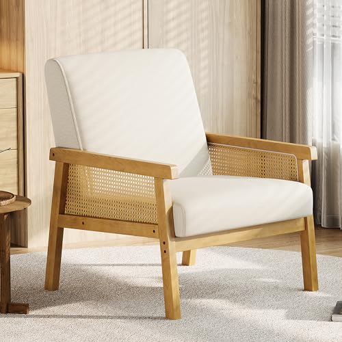 Garvee Linen Accent Chair, Rattan Armchair with Wooden Frame, High Back, Upholstered Reading Chair Leisure Chairs for Living Room Bedroom Waiting Room Reception, Beige - color: Linen, Beige