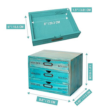Turquoise 3-Tier Drawer Unit - European Country Style Desk Organizer Box - 9.7x7x7.5" Wooden Teal Stackable Drawers - Countertop Organizer Drawers w/Label Holder - Triple File Drawer Unit - style: 3 Drawer I 7.5"