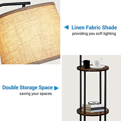 DEWENWILS Floor Lamp with Table, Wooden Nightstand, Farmhouse | Linen Lampshade, 13.18", ON/OFF Foot Switch, 2-in-1 Design, Sturdy Shelf for Living Room, Bedroom, Office Decor
