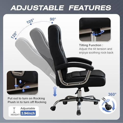 Executive Office Chair Adjustable Leather Chair, High Back Swivel Office Desk Chair with Padded, Armrest 350lbs Load-Bearing Spring Seat Computer Desk Chair for Home Office, Black - color: Black
