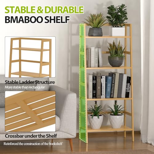 Bamboo Bookshelf, 4-Tier Ladder Shelf Freestanding Space Saver Open Bookcase Book Shelf, Bamboo Storage Shelving Unit Flower Plant Stand for Living Room, Bathroom, Home Office, Natural