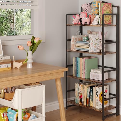 JSB 4 Tier No Assembly Folding Bookshelf, Arched Bookshelf, Foldable Bookcase for Living Room, Bedroom, Office,Skinny Bookshelf (Fire Brown) - color: Fire Brown, size: 4-Tier
