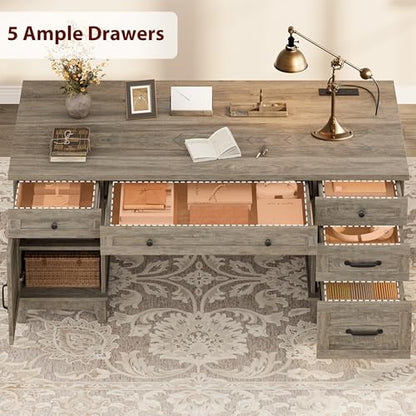 GarveeHome Farmhouse Executive Desk with File Drawers, 60 in Home Office Desk with Charging Station, Wooden Computer Desk with Cabinet Storage for Work Study Writing, Rustic Gray - color: Rustic Gray