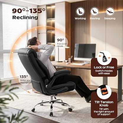 BestGlory Office Chair, Ergonomic High Back Home Office Desk Chair, Big and Tall Breathable Leather Office Chair with Lumbar Support Flip-Up Armrests, Computer Gaming Chair with Rocking Function - color: Black, style: Without Footrest
