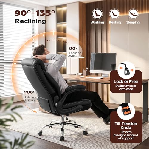 BestGlory Office Chair, Ergonomic High Back Home Office Desk Chair, Big and Tall Breathable Leather Office Chair with Lumbar Support Flip-Up Armrests, Computer Gaming Chair with Rocking Function - color: Black, style: Without Footrest