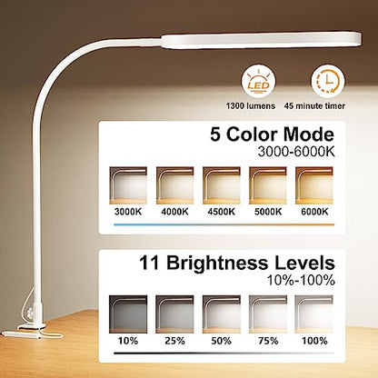 SKYLEO Led Desk Lamp - 33.5" Desk Light - Flexible Gooseneck - 5 Color Modes X 11 Brightness Levels - 1300LM - Timmer & Memory Function - 12W Clip on Light - White - style: White gooseneck