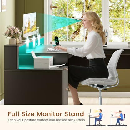 SEDETA 66" Modern L Shaped Desk with Drawers, Fluted Home Office Desk with File Cabinet & Printer Shelf, Wood Executive Desk with Monitor Stand, Power Outlets, Led Lights, Black - color: Black, size: L Shaped Desk