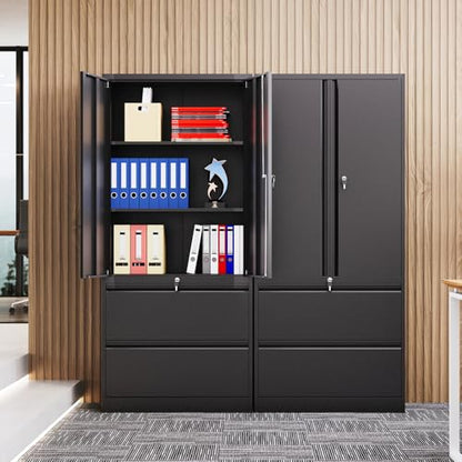2 Drawer Lateral File Cabinet, Office Storage Cabinet with 2 Wide&Deep Drawers and Locking Doors, Black Metal Cabinet with Adjustable Shelves for Home Office, Fits A4/Letter/Legal Size Folders
