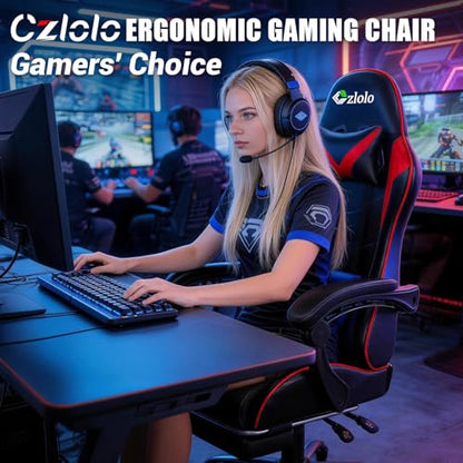 Czlolo Gaming Chair with Footrest Racing Style Lumbar Support Massager Video Game Chair with Metal Legs, High Back Reclining Gamer Chair with Headrest, 360° Swivel Office Computer Desk Chair (Red) - color: Red