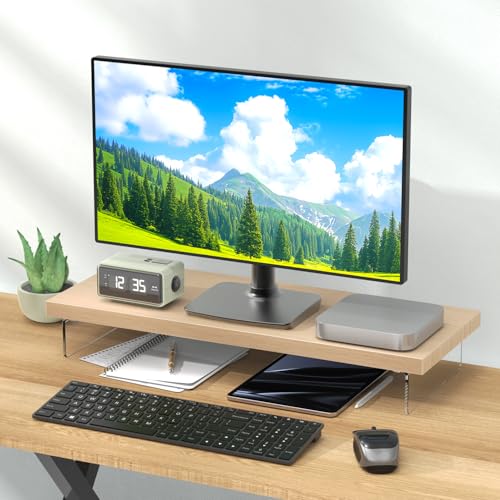 Monitor Stand Riser, 25x10 in Wood & Acrylic Computer Desk Organizer Shelf - color: Oak, size: 25*10 Inch