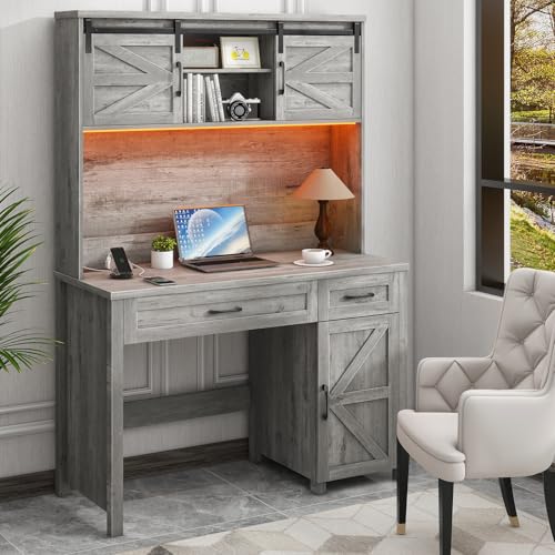 Halitaa Farmhouse 47" Computer Desk with Hutch, Workstation, Grey | Home Office Desk, Executive Desk, 2 Drawers, LED Light, Storage Cabinet, Charging Hub, Workstation for Home Office and Study - color: Grey, size: Right Cabinet 2-Drawer