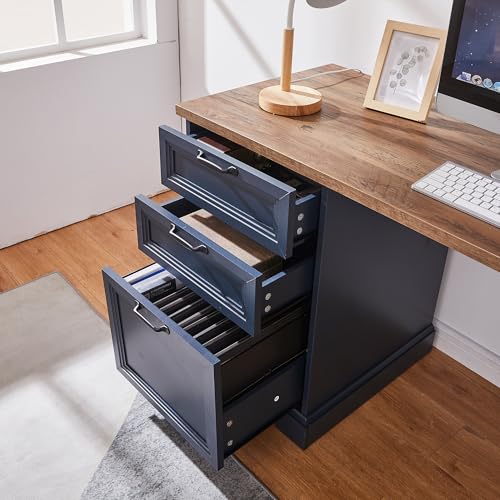 60" Farmhouse Executive Desk with Charging Station,Home Office Desk with 2 Drawers &1 File Cabinet,Wood Work Desk for Office and Home (Blue) - color: Blue