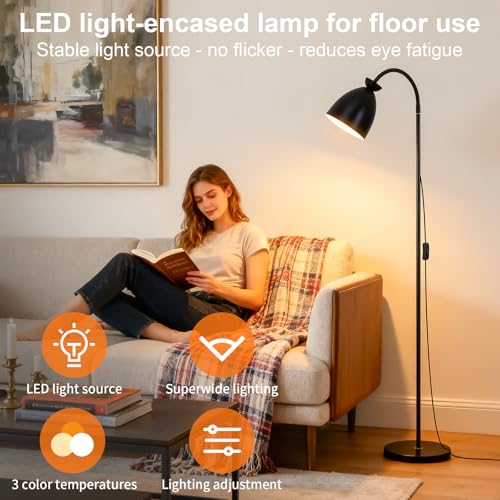 Bright Modern Black Gooseneck Floor Lamp 3-Color Dimmable - color: Black Dimming