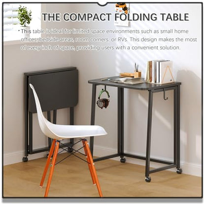 4NM 23.6" Mobile Small Folding Desk, Foldable Rolling Computer Home Office Desk, Study Writing Table for Small Space Saving Bedroom, with Wheels - All Black - color: All Black, size: 23.6"W x 15.7"D