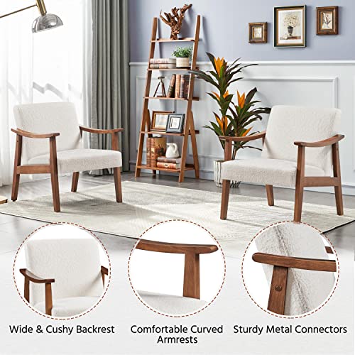 Yaheetech Accent Chairs Set of 2, Mid-Century Boucle Fabric Armchair, Ivory | Cushioned Club Chairs with Supportive Sloped Backrests and Sturdy Wood Arms Fit Small Living Rooms, Offices, Reading Nook - color: Ivory