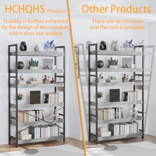 HCHQHS Bookshelf, Adjustable Industrial Bookcase, Vertical Tall Book Shelf, Wood and Black Metal Open Bookshelves for Home Office, Living Room, Bedroom (Grey, 6-Tier (31" W x 70" H)) - color: Grey, size: 6-Tier (31"W x 70"H)
