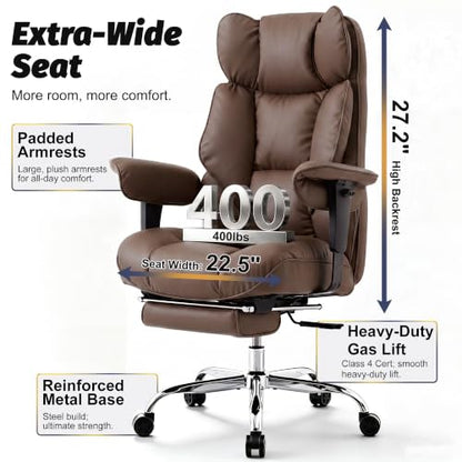Efomao Executive Office Chair 400lbs,Brown Big and Tall Desk Chair | Mattress-grade pocket spring cushion, sleek leather, 135° recline & footrest for computer gaming setup. - color: 3084p-brown