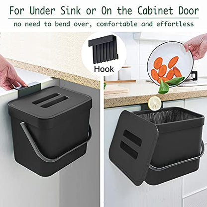 Kitchen Trash Can with Lid, LALASTAR Wall-Mounted Under Sink Small Garbage Can for Kitchen, Bathroom, Compost Bin Countertop, Cabinet Trash Can Hanging, 1.8 Gallon, (Black, 7L) - color: Black