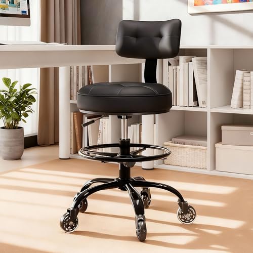 Office Drafting Chair with Footrest, Tall Height Adjustable Stool with Back Support, Heavy Duty Rolling Stool Chair with Wheels for Office Home Kitchen Bar Shop Guitar Studio Vanity, Black - color: Black