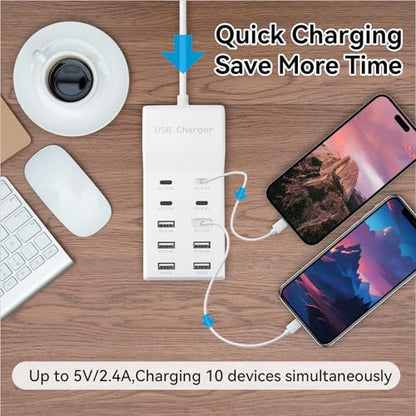 USB Power Strip Charging Station, 10-Port 6A+4C Multi Charger Block