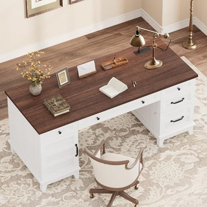 Garvee 60" Wooden Home Office Desk with File Drawers, Executive Desk with Adjustable Cabinet, Farmhouse Wood Desk with Power Outlet, Distressed Study and Work Table, Rustic White - color: Rustic White, size: 60" W