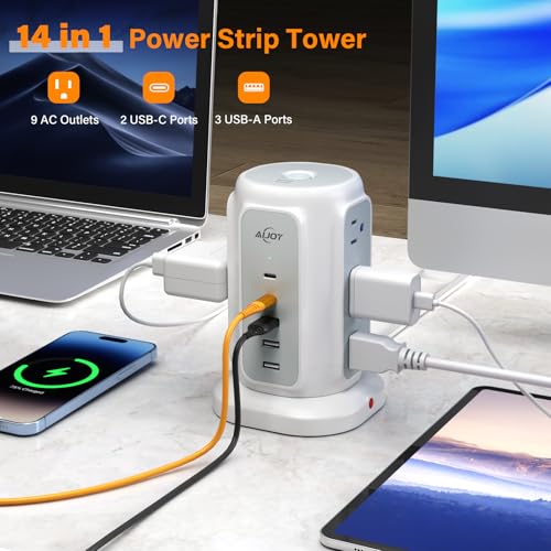 AiJoy 10FT Flat Plug Power Strip Tower with 9 AC Outlets and 5 USB Ports - color: White-10FT