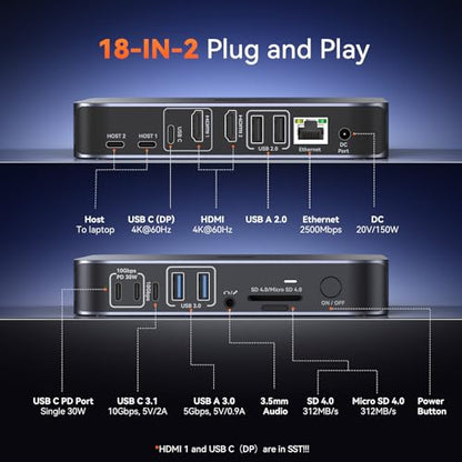 TobenONE 18-in-2 Docking Station Dual 4K Monitor for MacBook M5/M4 Pro/Max | Plug and Play Macbook Dock with HDMI&USB-C,150W Adapter, 10Gbps/PD 30W, 2.5G Ethernet, Solid & Sleek for Edit, Remote Office