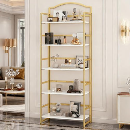 JSB 5 Tier No Assembly Folding Bookshelf, Arched Bookshelf, Foldable Bookcase for Living Room, Bedroom, Office,Skinny Bookshelf (White and Gold) - color: White and Gold, size: 5-Tier