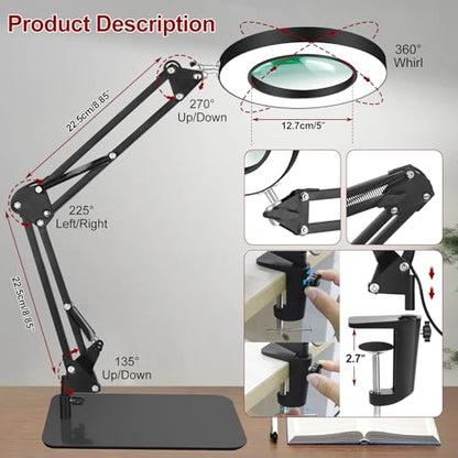 2-in-1 12X Magnifying Lamp with Light, Clamp Desk Magnifier LED